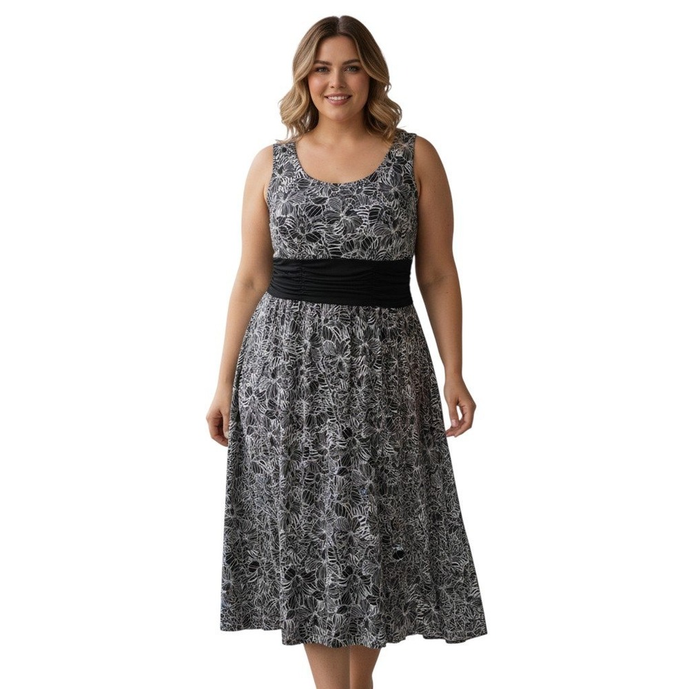 Perceptions Women's Black White Floral Print Sleeveless Maxi Dress Plus Size 16W